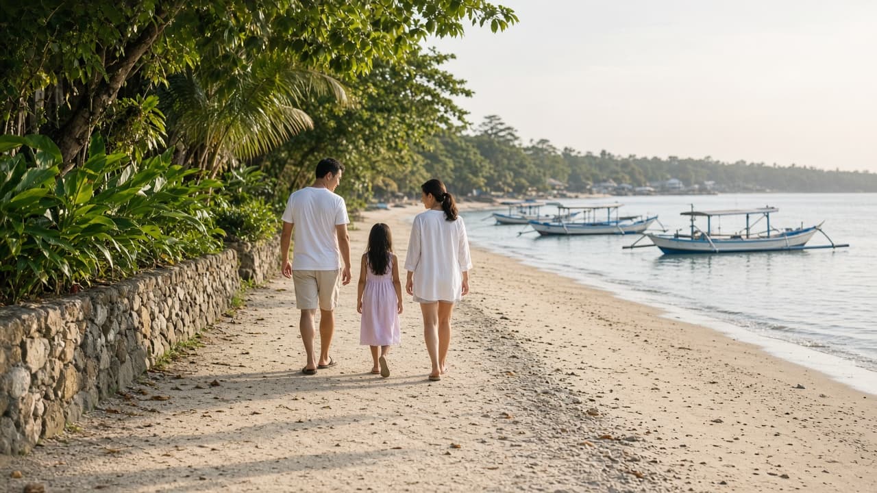 A family walking a quiet Balinese beach path with outrigger boats in the distance