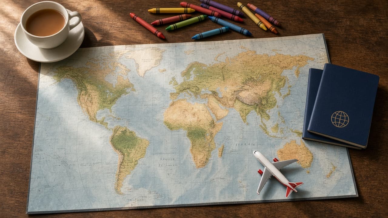 Travel planning notes and crayons on a wooden table
