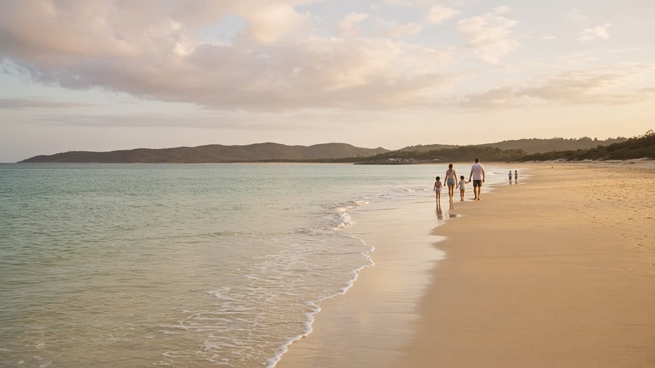 A calm family beach at golden hour