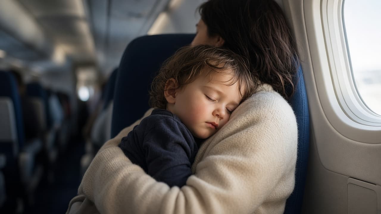 A toddler resting against a parent in an aeroplane window seat